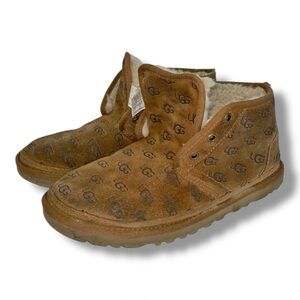 UGG Logo Print Mini Lace Up Boots Chestnut Suede Shearling Women's Size 9